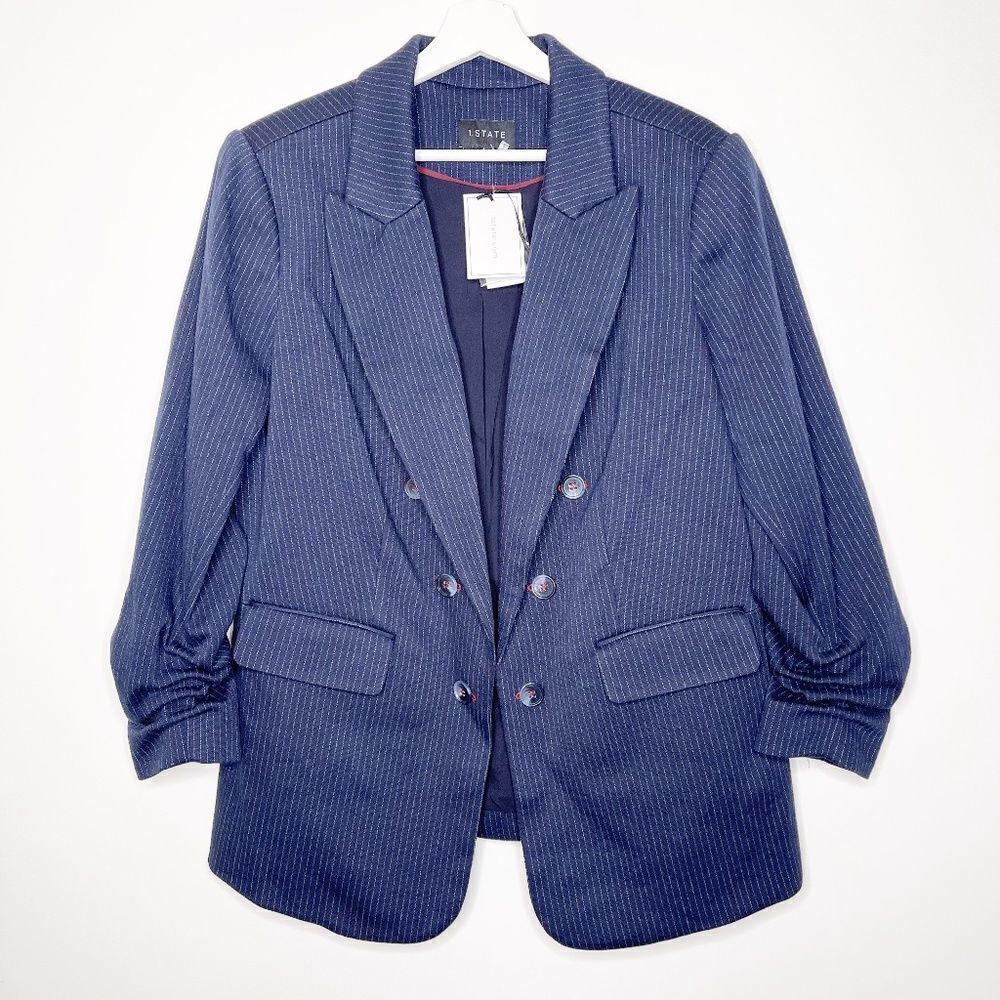 1. STATE Rushed Sleeve Pinstripe Blazer Jacket